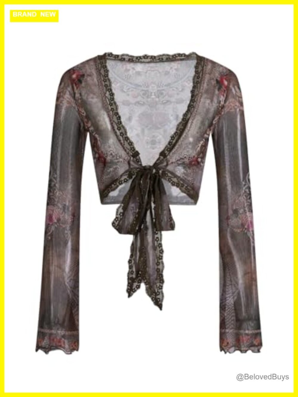WDIRARA Women's Floral Sheer Mesh Wrap Tie Front Crop Top Lace Trim Bell Sleeve